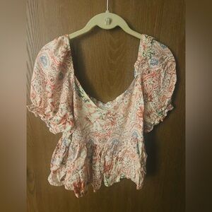 O'Neill Pink Paisley Puff Sleeve Cropped Babydoll Blouse - Size Large